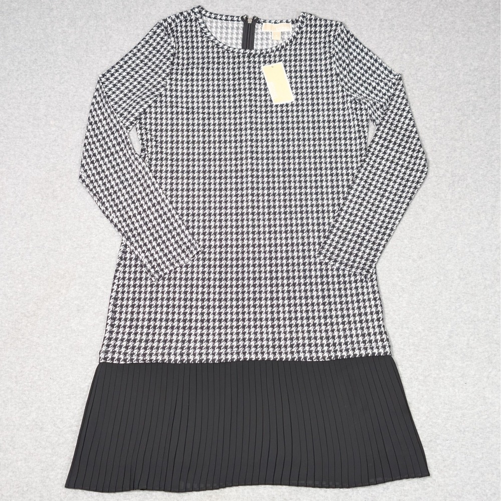 Michael Kors Pleated Hem Black & White Houndstooth Dress Womens Medium New